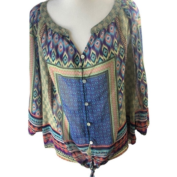 Figueroa Flower Tops - Figueroa & Flower Front Button Closure Sheer Blouse Women PXL Multicolor